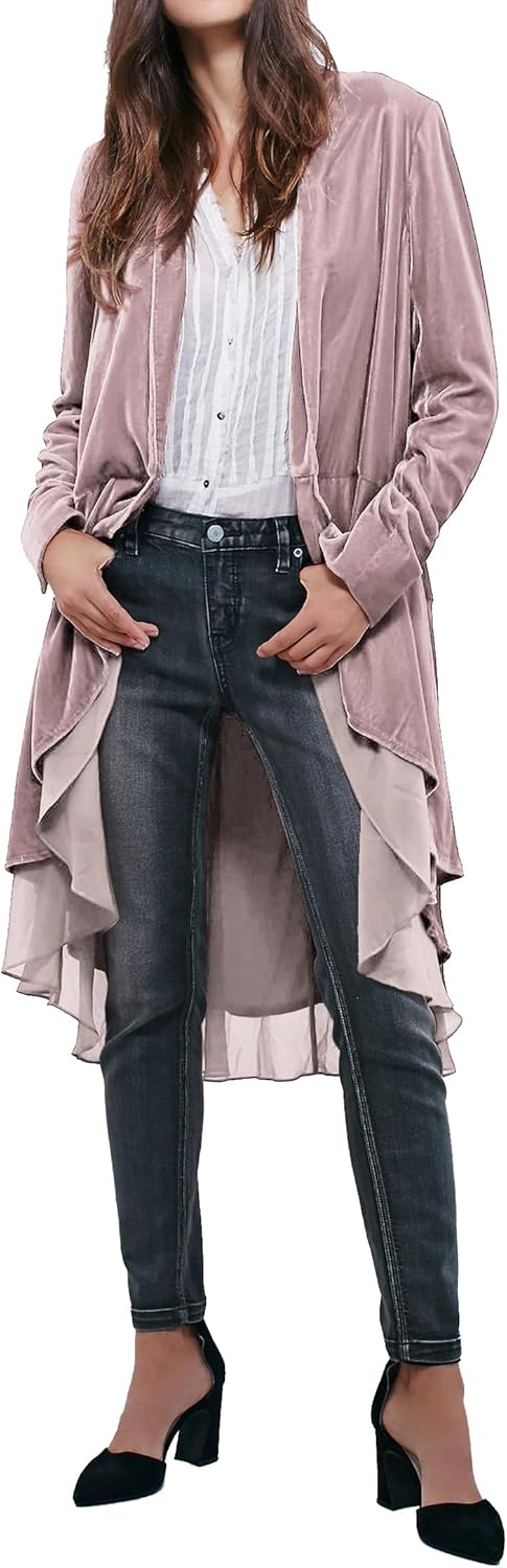 Ruffled Asymmetric Long Velvet Blazers for Women - Stylish Coat