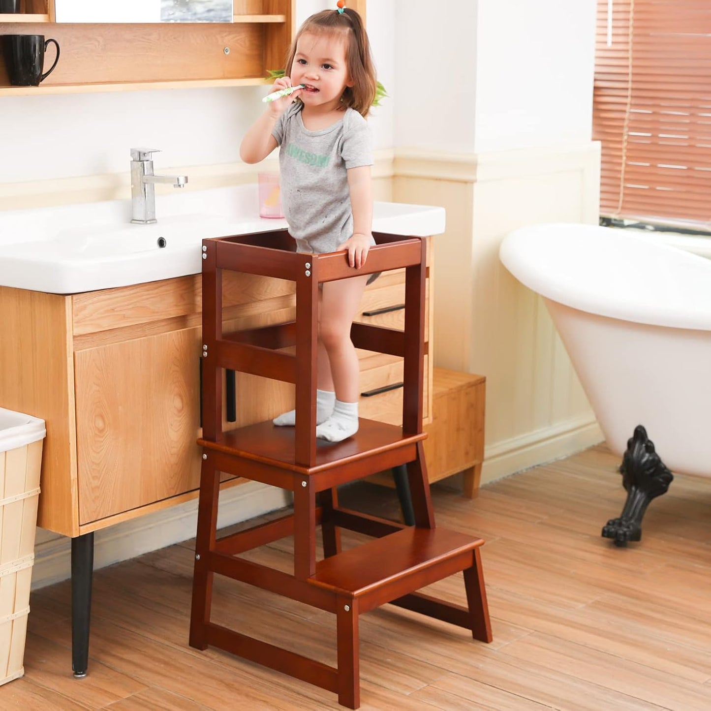Kids Kitchen Step Stool with Safety Rail for Learning Fun