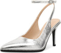 Silver Slingback Heels Women's Ankle Strap Stilettos - Elegant 3.5in