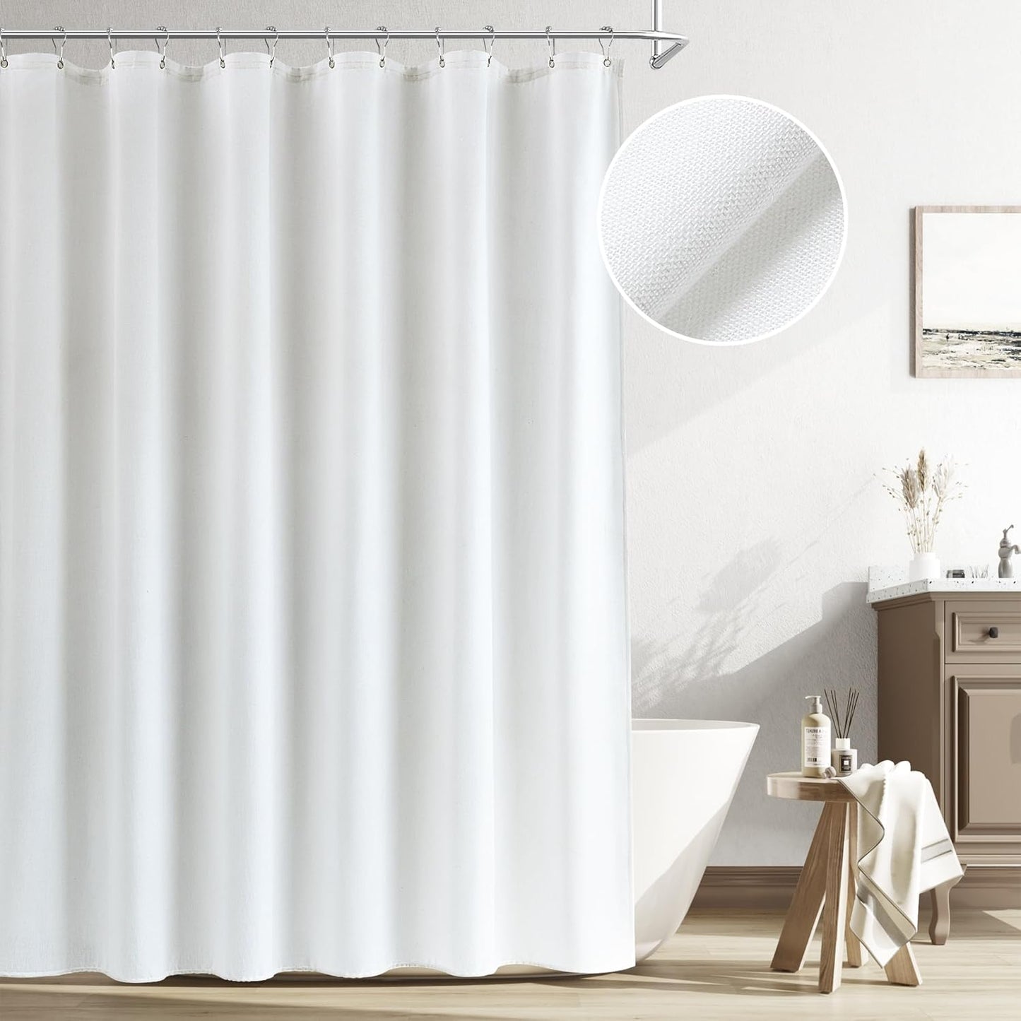 Water Repellent White Linen Shower Curtain Set