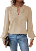 Womens V Neck Boho Long Sleeve Swiss Dot Chiffon Blouse - Flowy Lace
