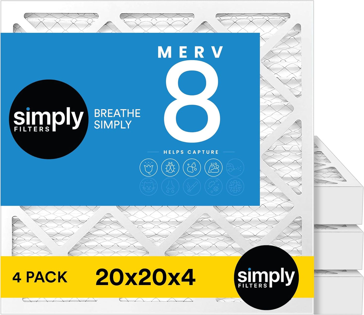 Simply 20x20x4 Air Filter for HVAC, MERV 8, 4 Pack for Clean Air