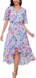 Kormei Womens Short Sleeve Floral Maxi Dress High Low V-Neck Flowy