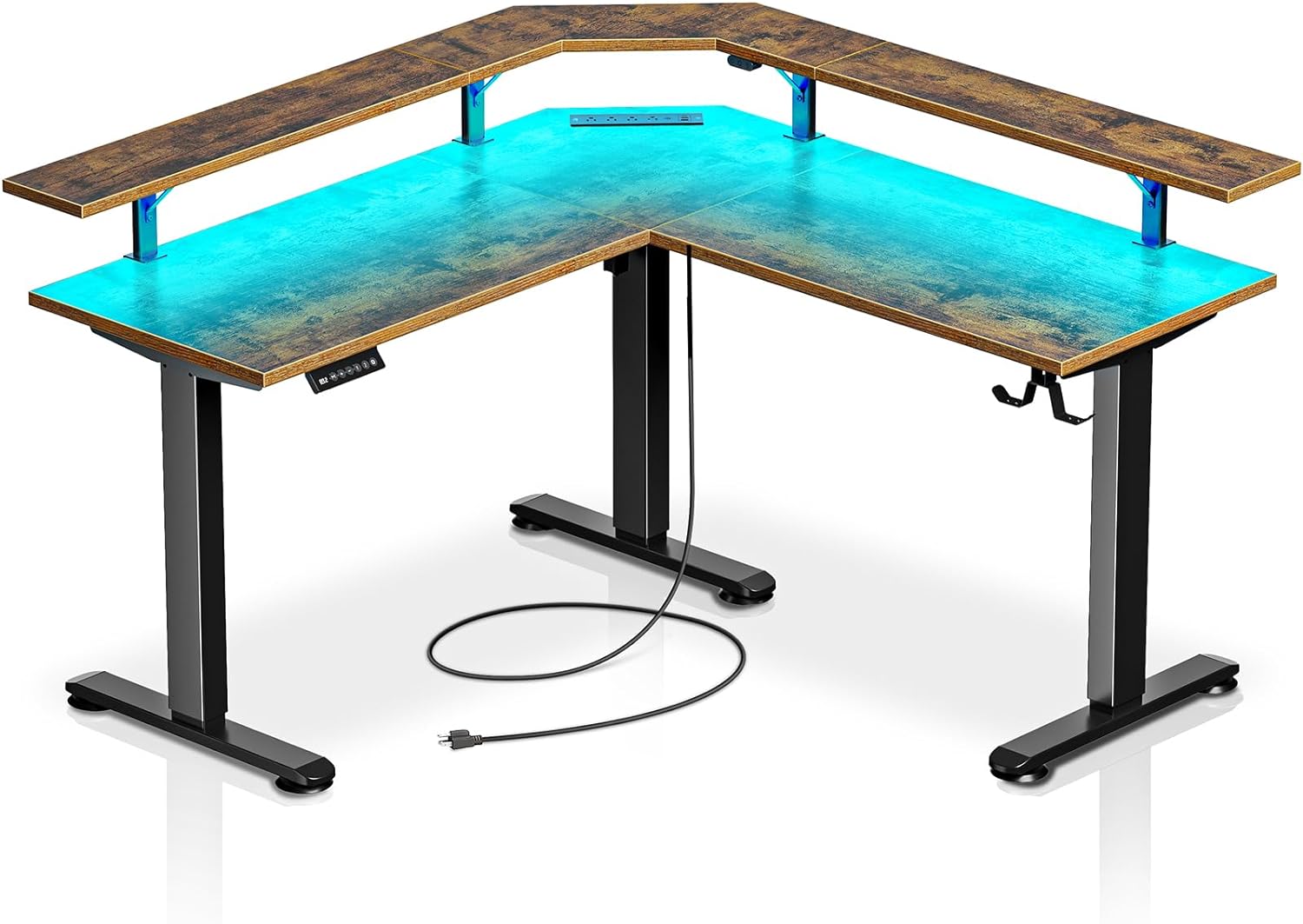 Rustic Brown L-Shaped Standing Desk with LED light