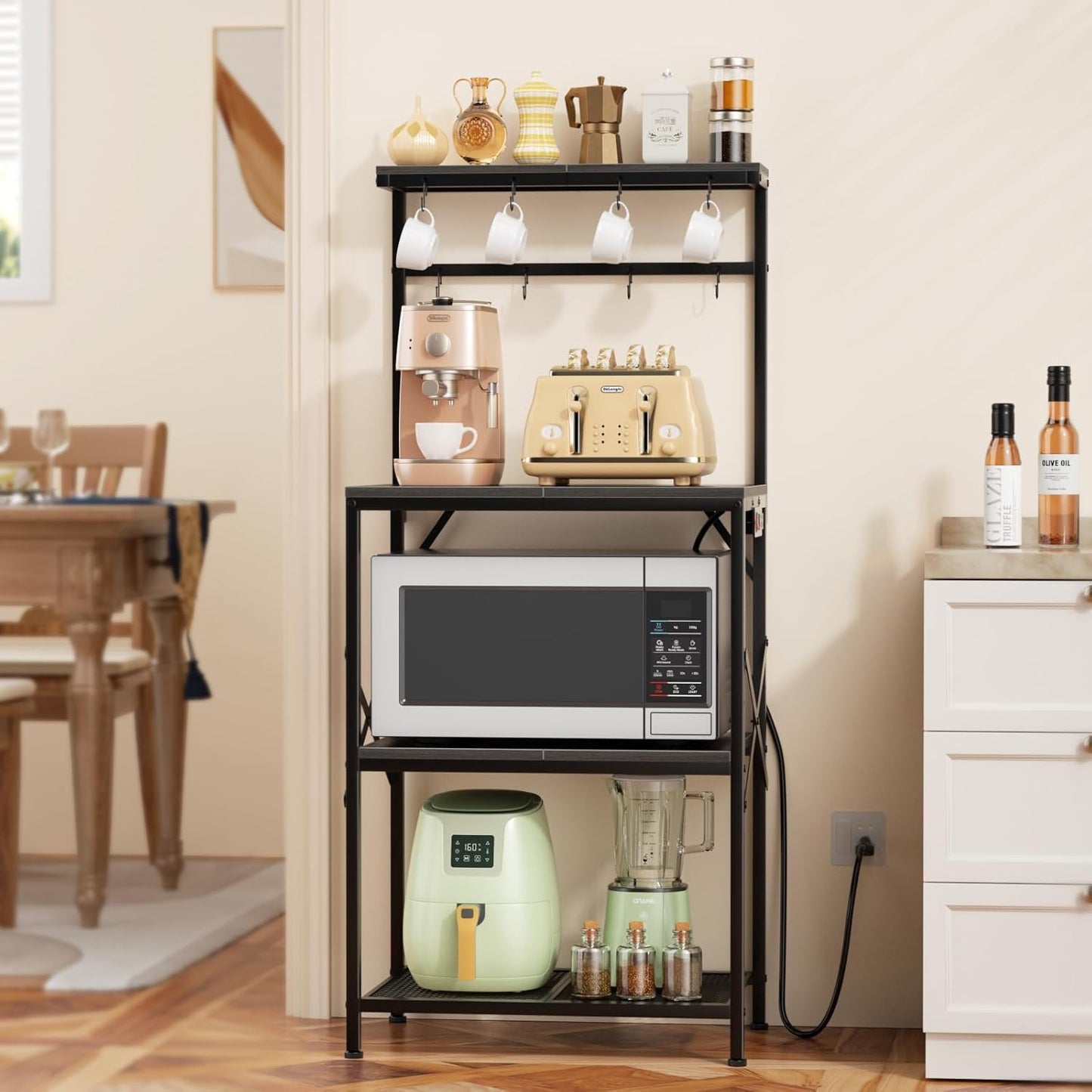 4-Tier Bakers Rack with Power Outlet & Coffee Bar Table, Adjustable Shelves, Freestanding Organizer - Black