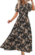 Floral Chiffon Maxi Dress for Women - Smocked Boho Flowy