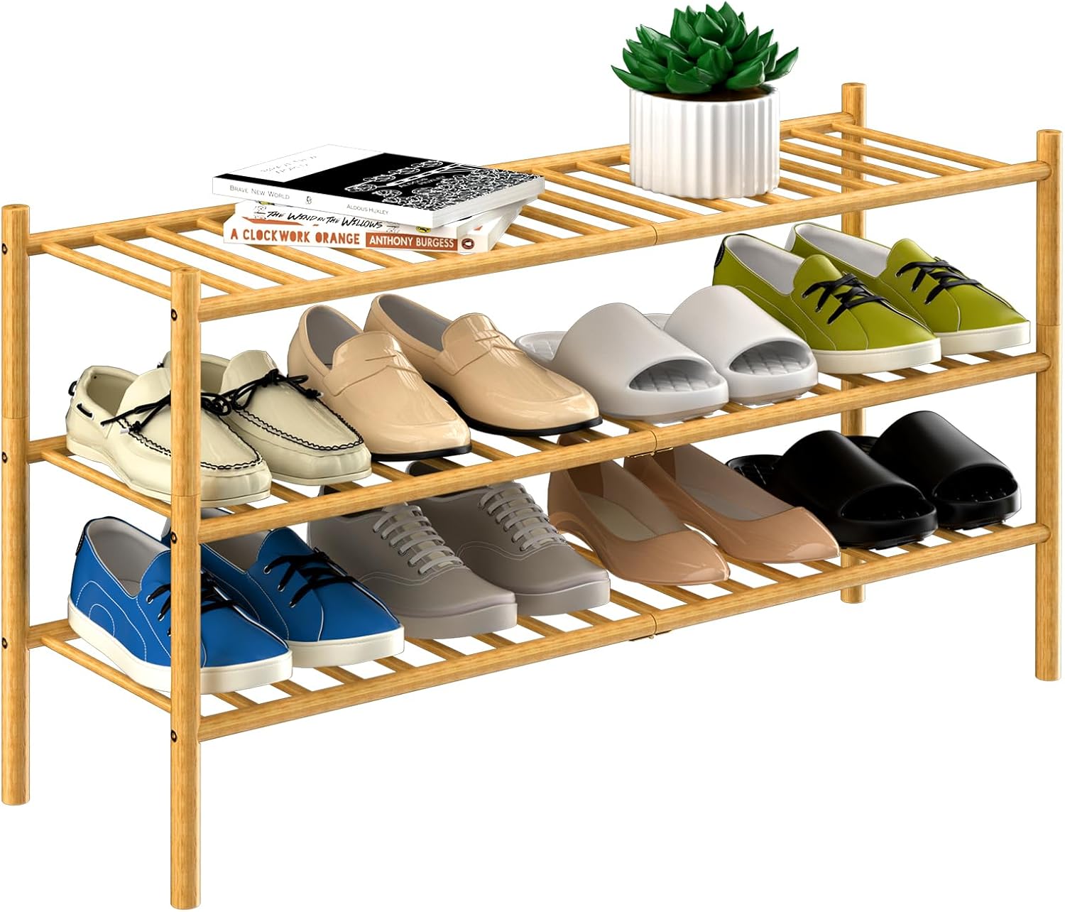 3-Tier Bamboo Long Shoe Rack for Entryway and Closet Storage