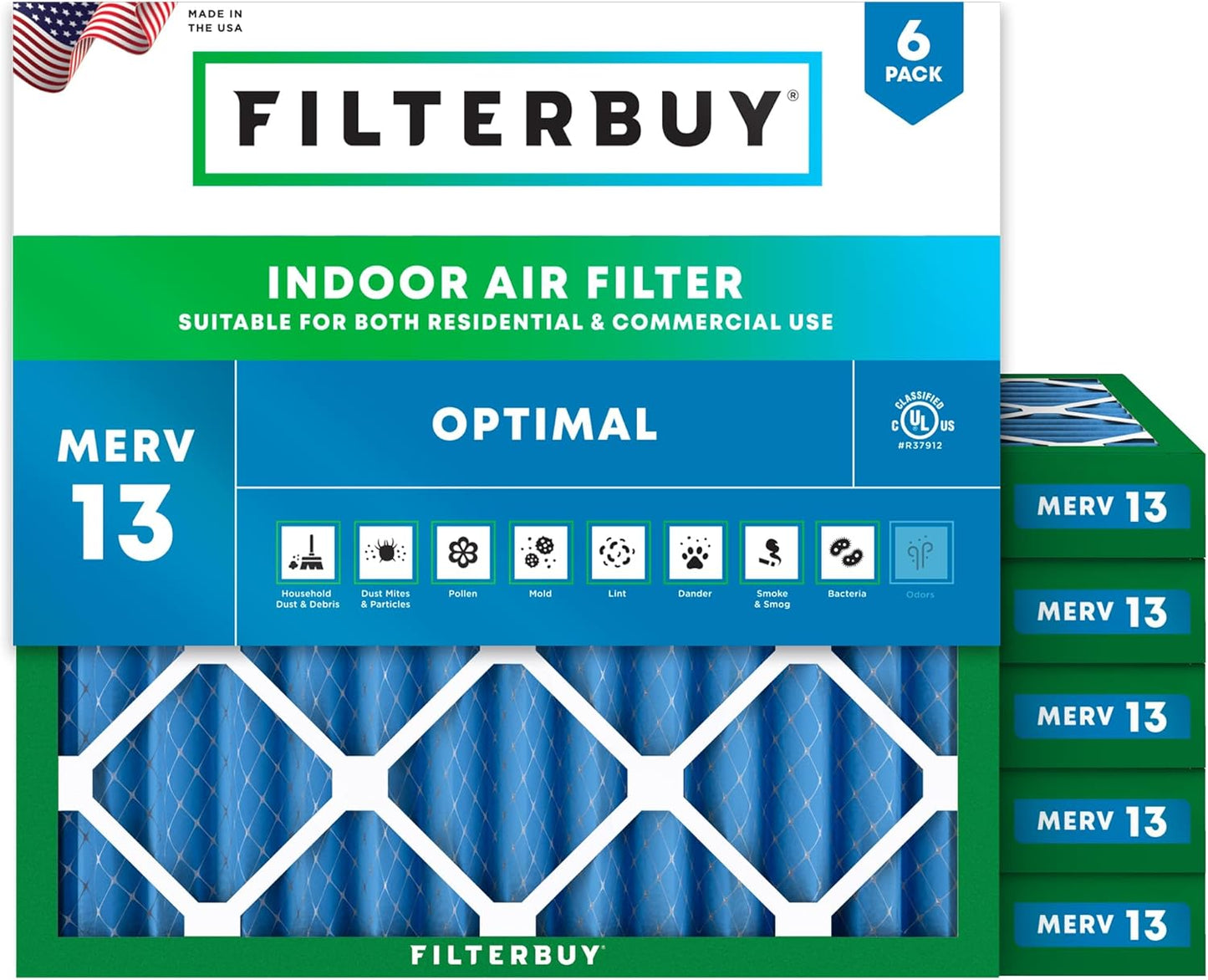 Filterbuy 25x25x2 Air Filter MERV 13 for Smoke & Allergy Defense