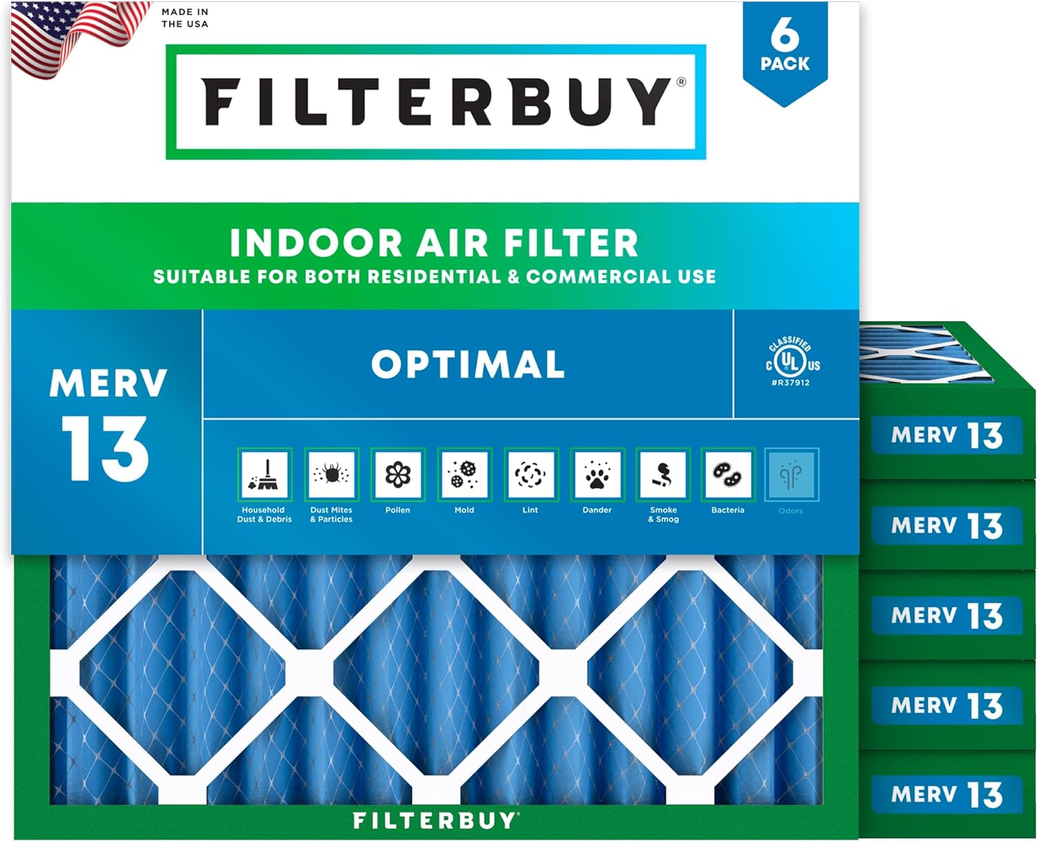 Filterbuy 25x25x2 Air Filter MERV 13 for Smoke & Allergy Defense