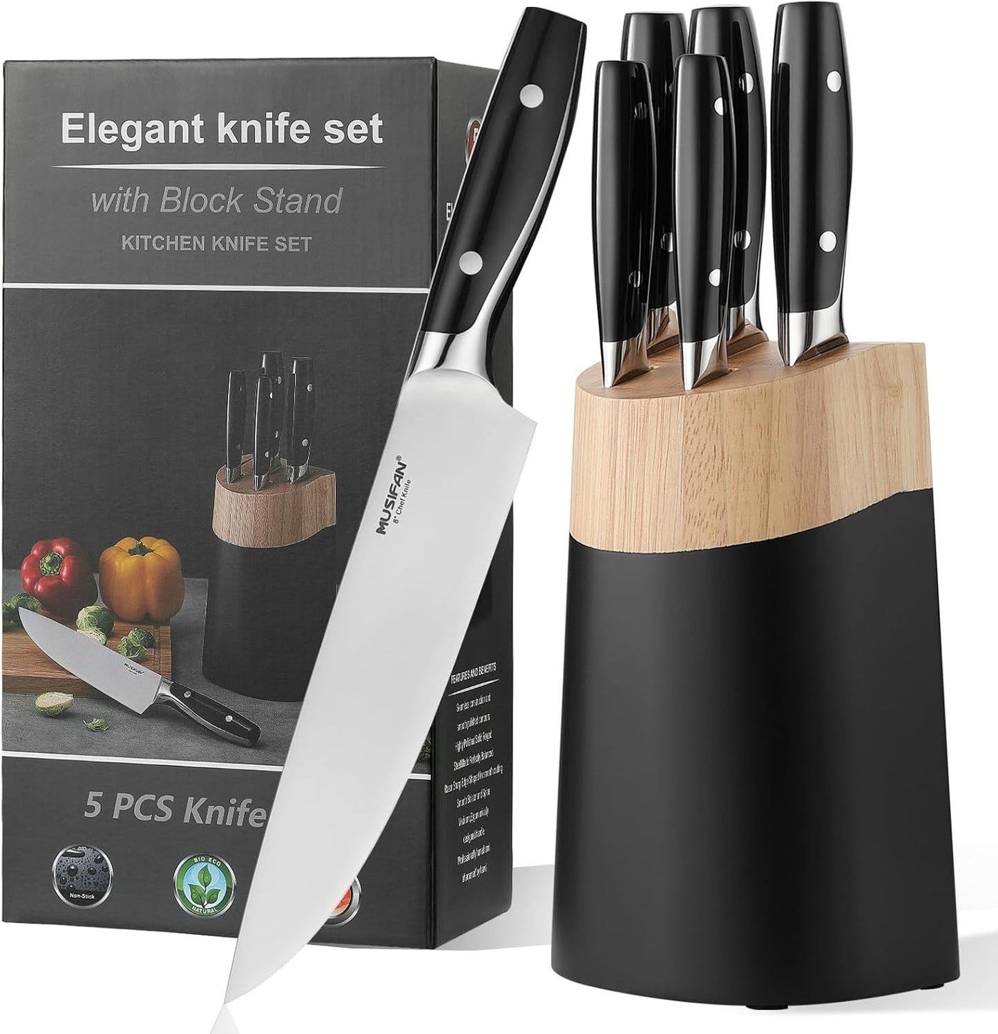 6-Piece Stainless Steel Kitchen Knife Set with Block Gift