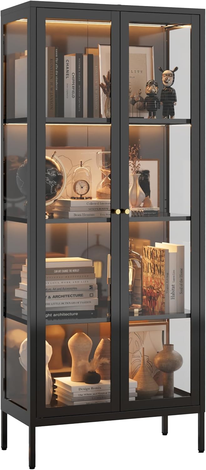 Display Cabinet with Glass Doors and 3 Color LED Lights for Home