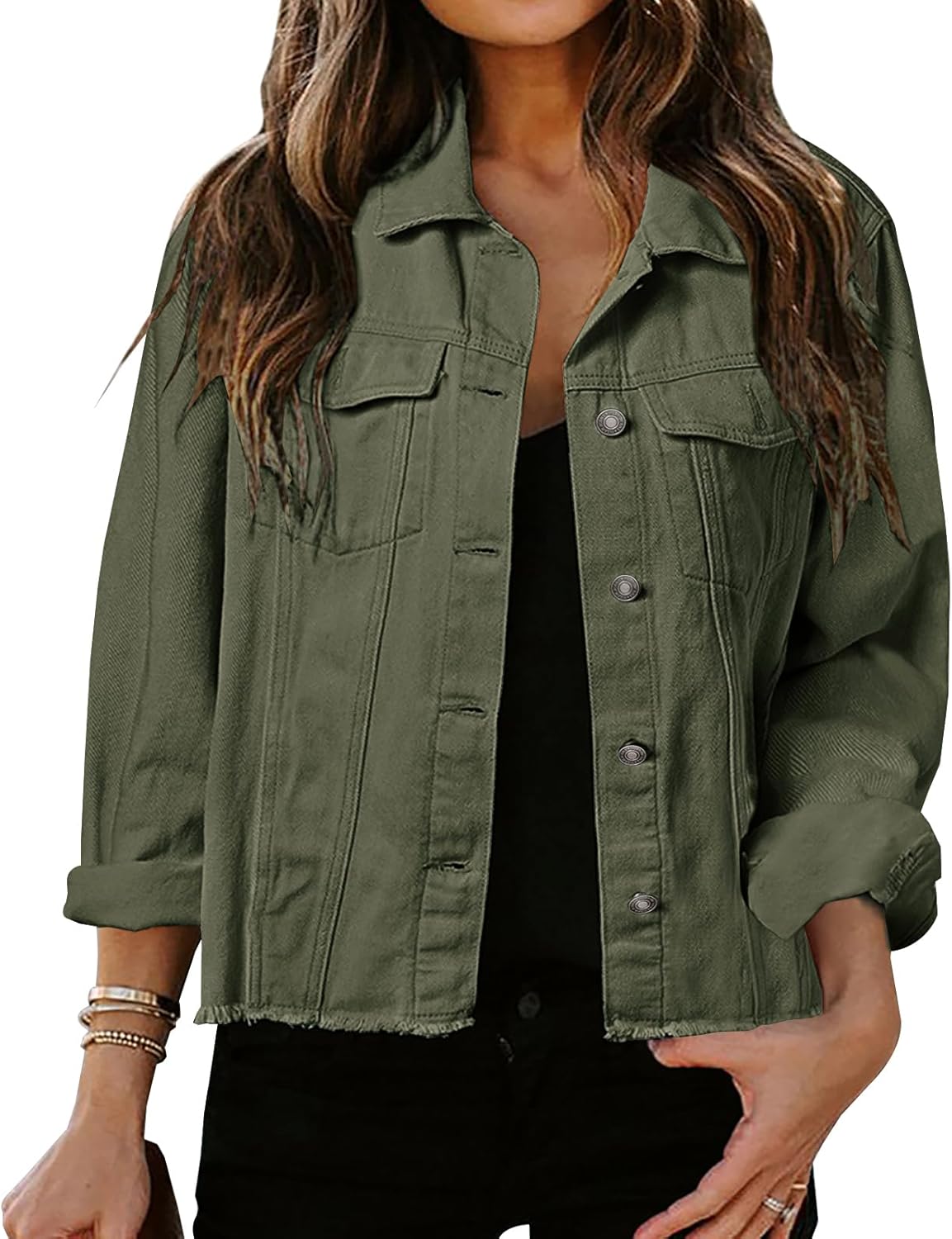 LONGBIDA Women's Frayed Washed Button Up Cropped Denim Jacket