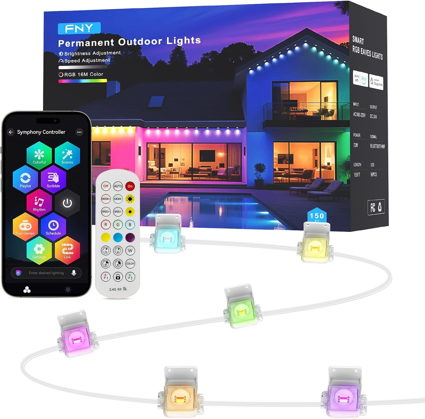 FNY Permanent Outdoor Lights 150ft Smart RGB for Year-Round Decor