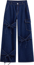 CIDER Baggy Jeans Low Waisted Wide Straight Leg Bow Jeans - Playful