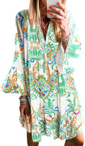miduo Womens Summer Dress V Neck Buttoned 3/4 Sleeve Bohemian Mini