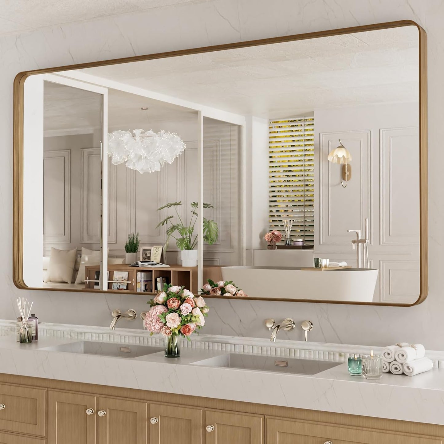 LOAAO 72X40 Inch Bathroom Mirror with Wood Grain Frame