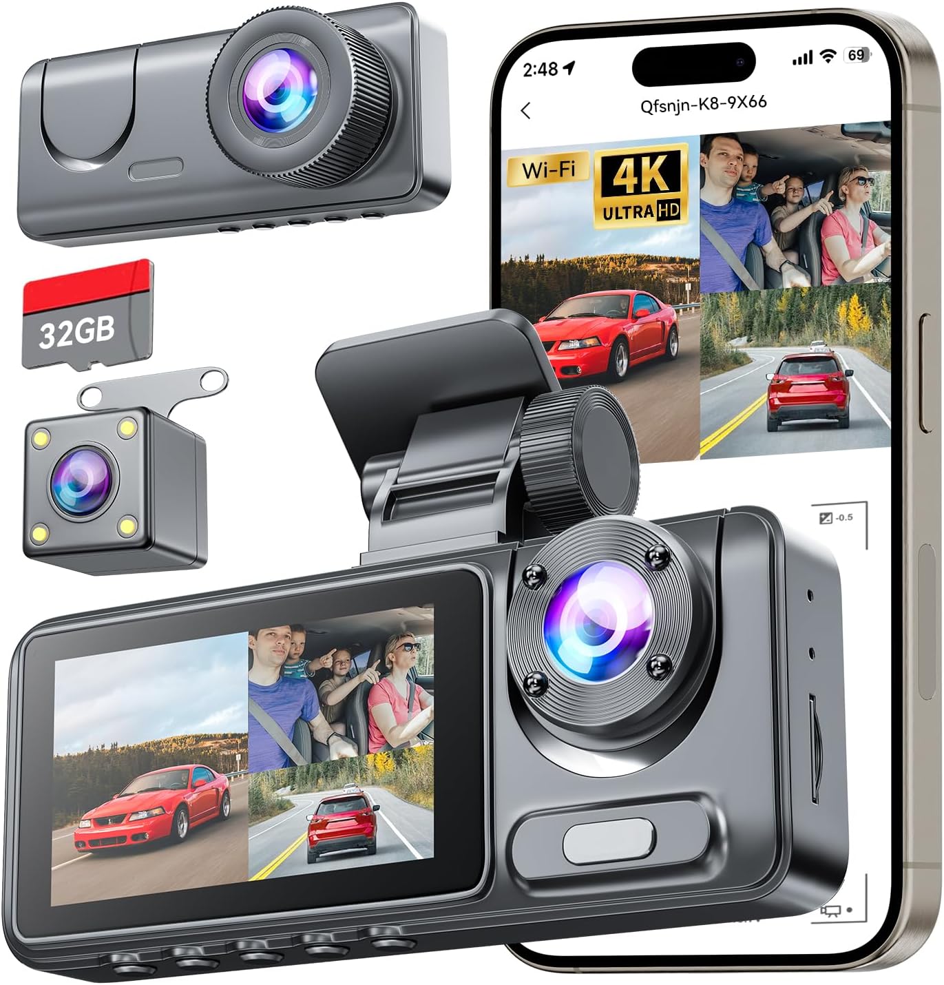 3 Channel Dash Cam for Cars with 1080P WiFi and Night Vision