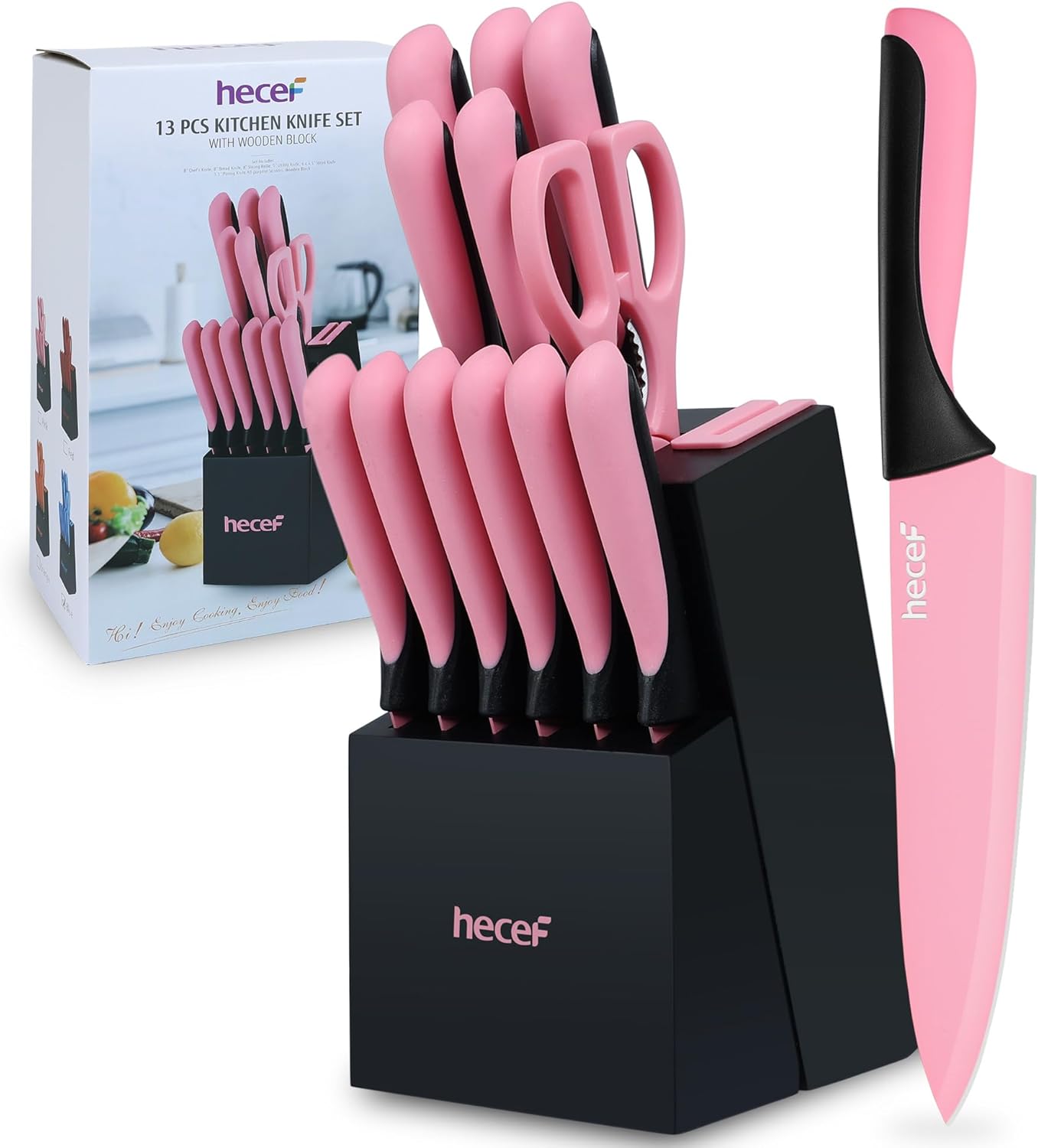 hecef 13 Pieces Kitchen Knife Set with Built-in Sharpener Block
