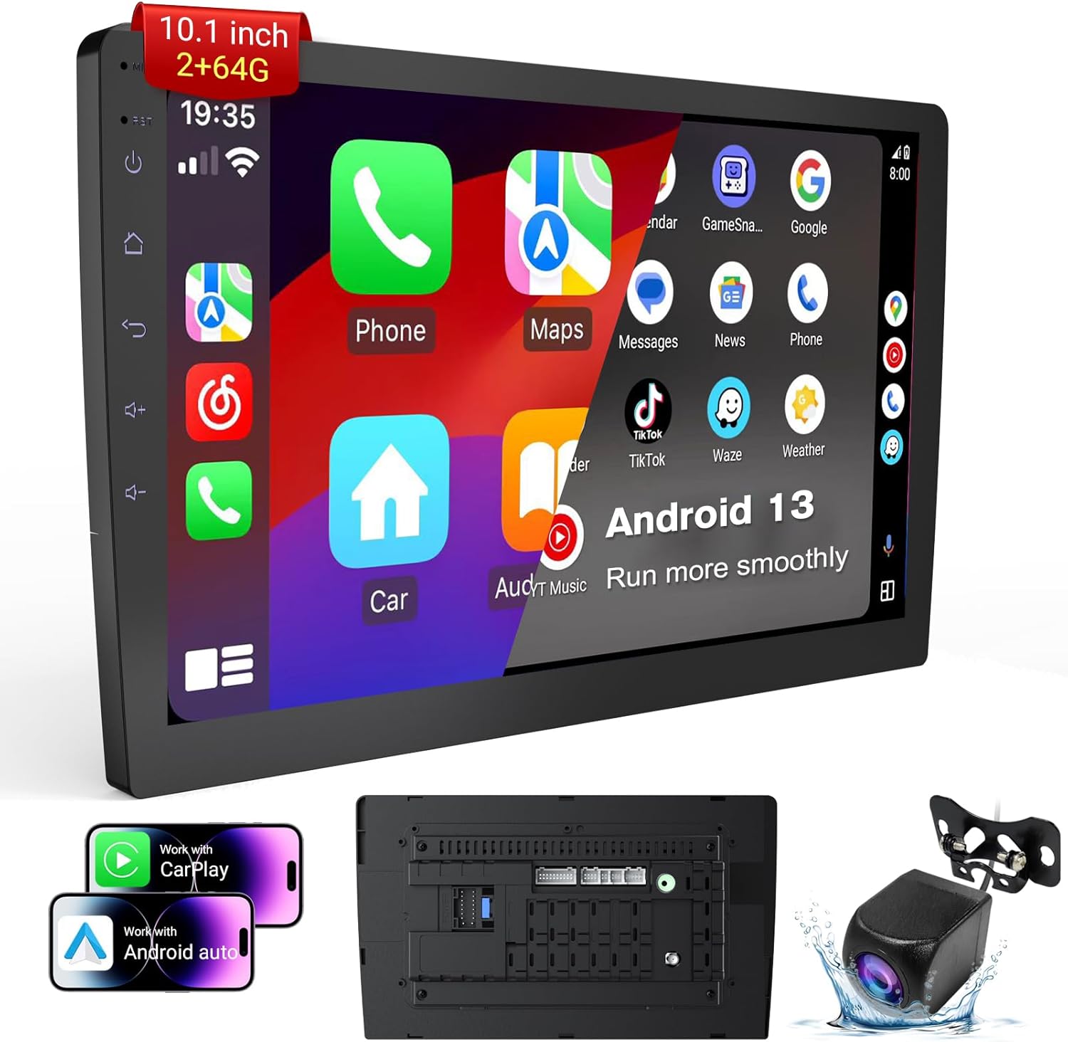 Double Din Android 13 Car Stereo Receiver with 10.1in Touchscreen