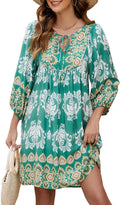 Womens Casual V Neck 3/4 Sleeve Boho Floral Mini Dress - Breezy Summer