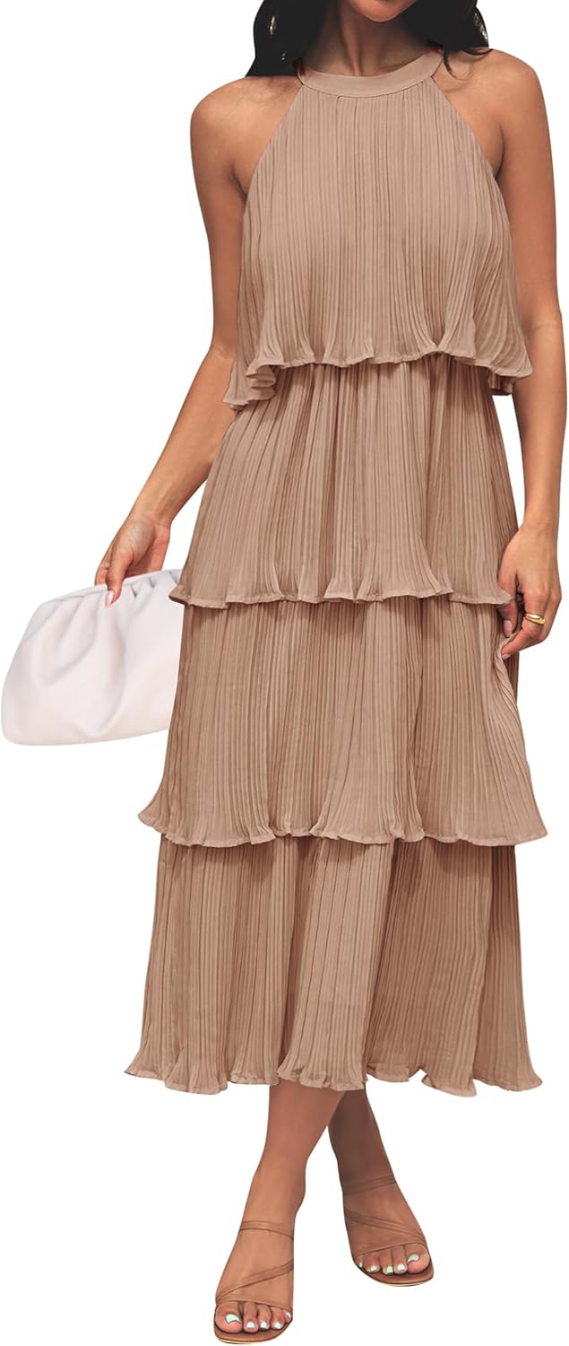 ZESICA Women's Sleeveless Halter Neck Ruffle Midi Dress Review