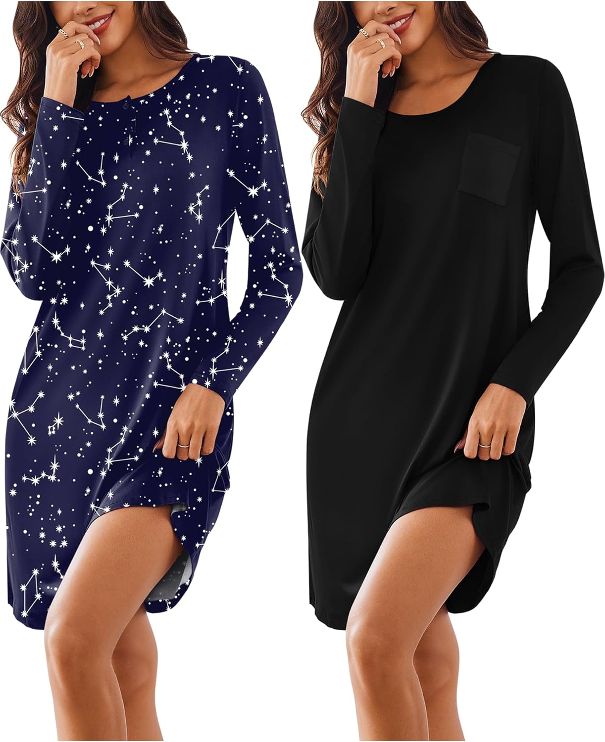 Ekouaer Women's Sleepshirt Dress 2 Pack Comfortable Nightgown