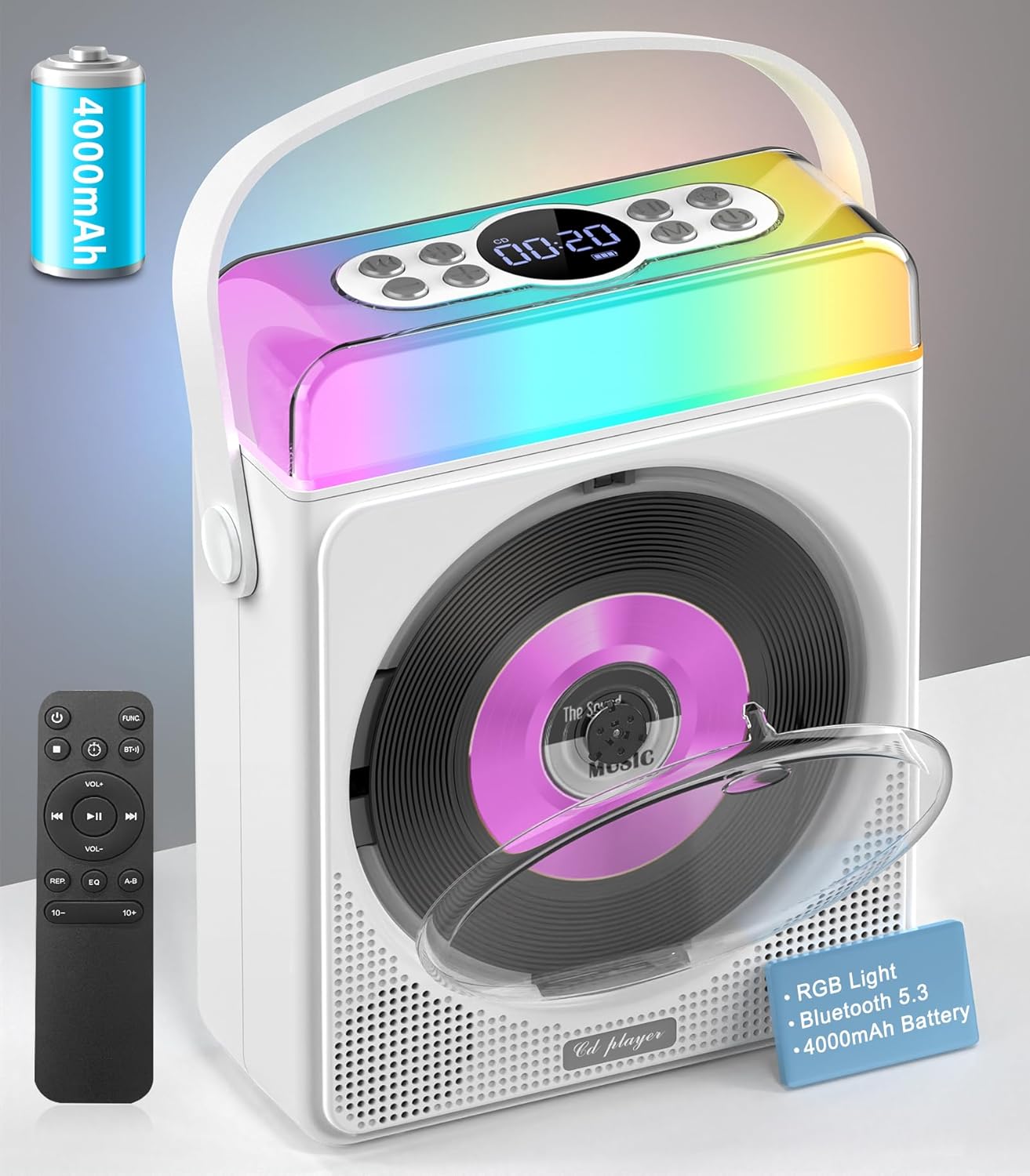 Portable CD Player with Bluetooth & RGB Lights for Music Lovers