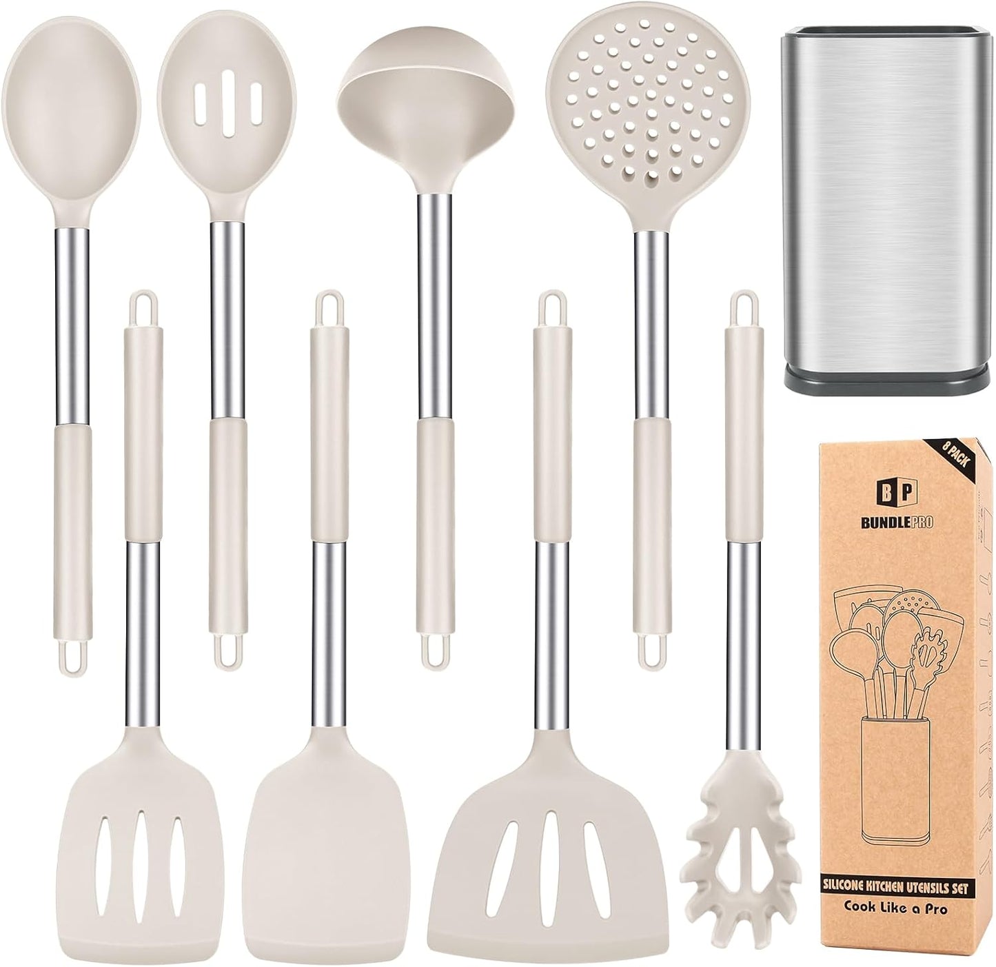 Silicone Cooking Utensil Set with Stainless Steel Handle for Kitchen