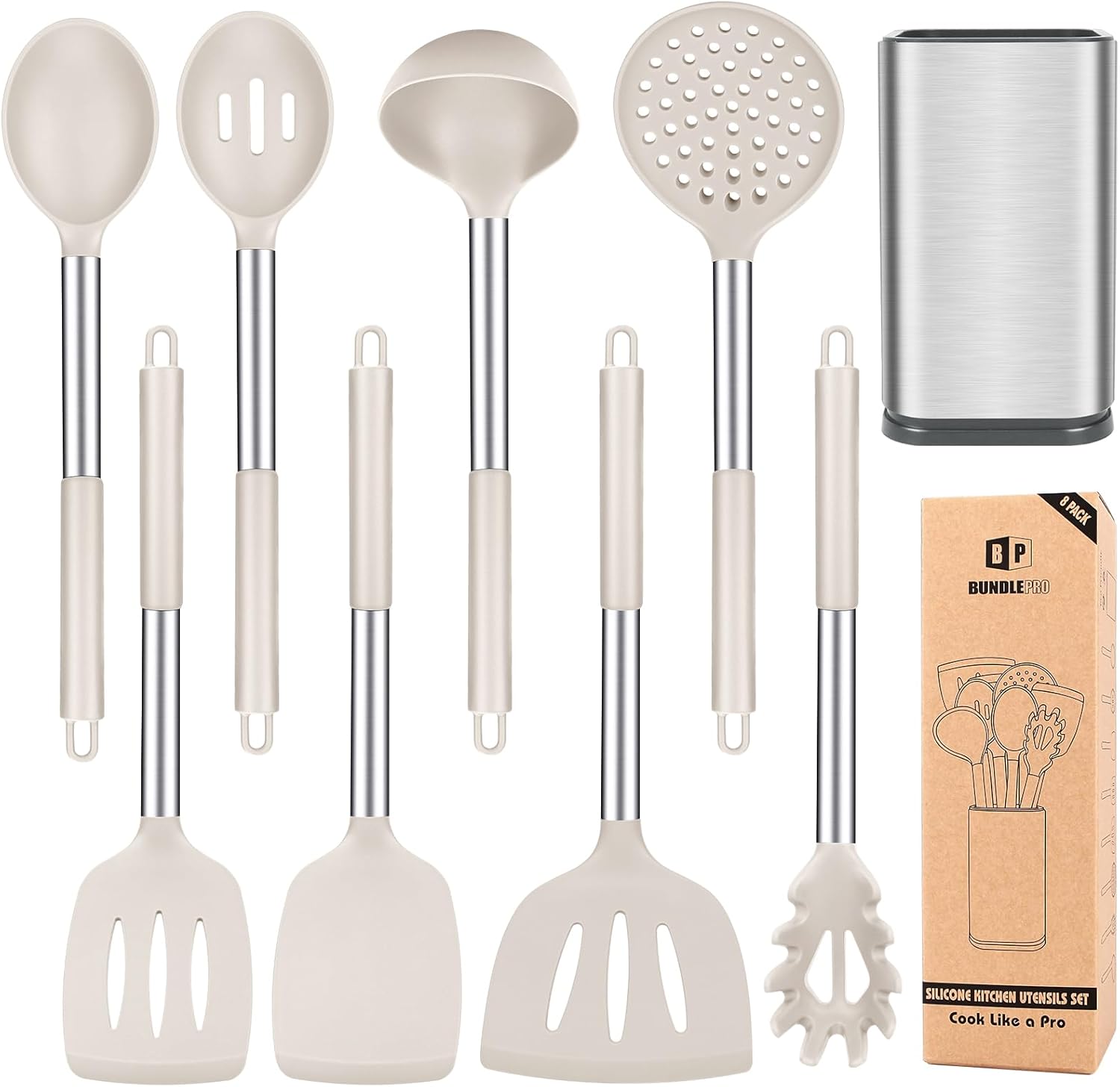 Silicone Cooking Utensil Set with Stainless Steel Handle for Kitchen