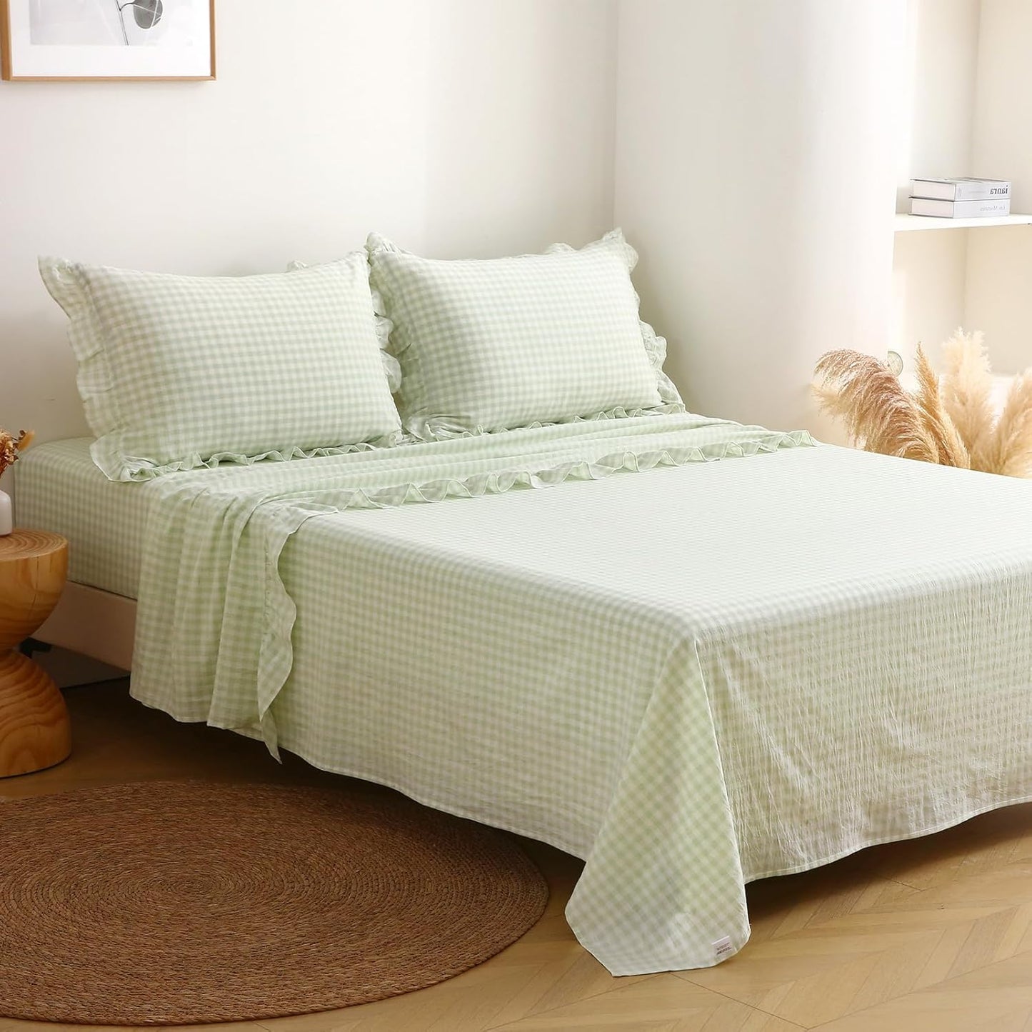 Pile Green White Plaid Ruffle Gingham Sheets Full Size Set