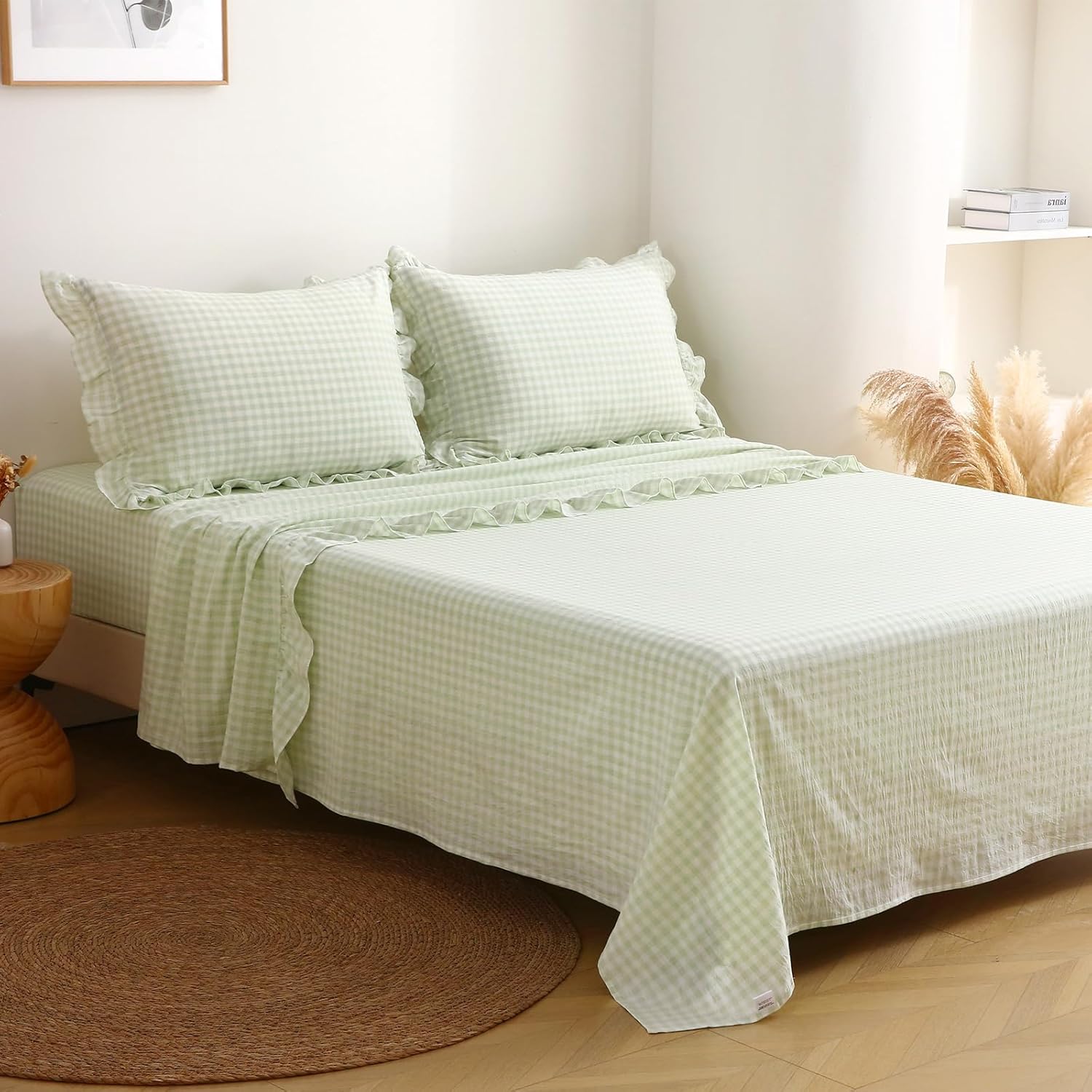 Pile Green White Plaid Ruffle Gingham Sheets Full Size Set