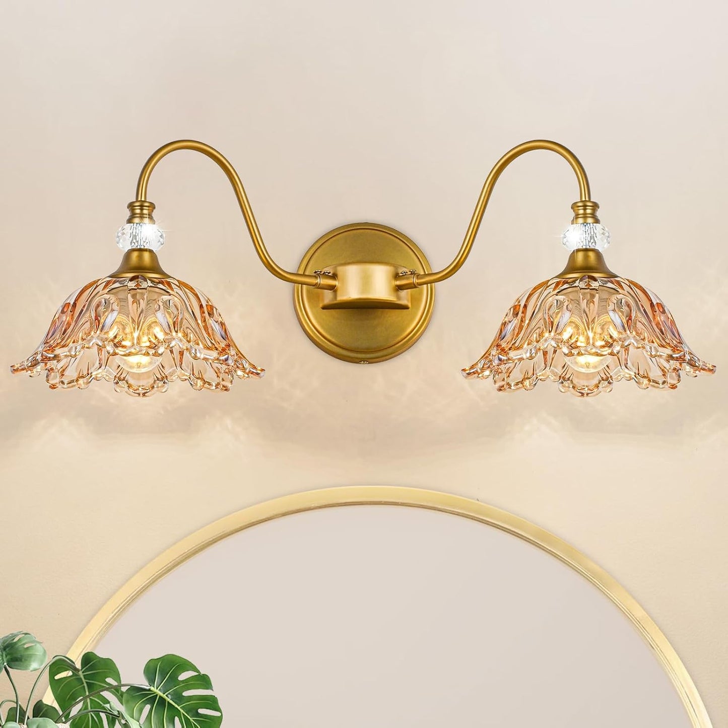 Vintage Bathroom Vanity Light with Floral Amber Glass Shades