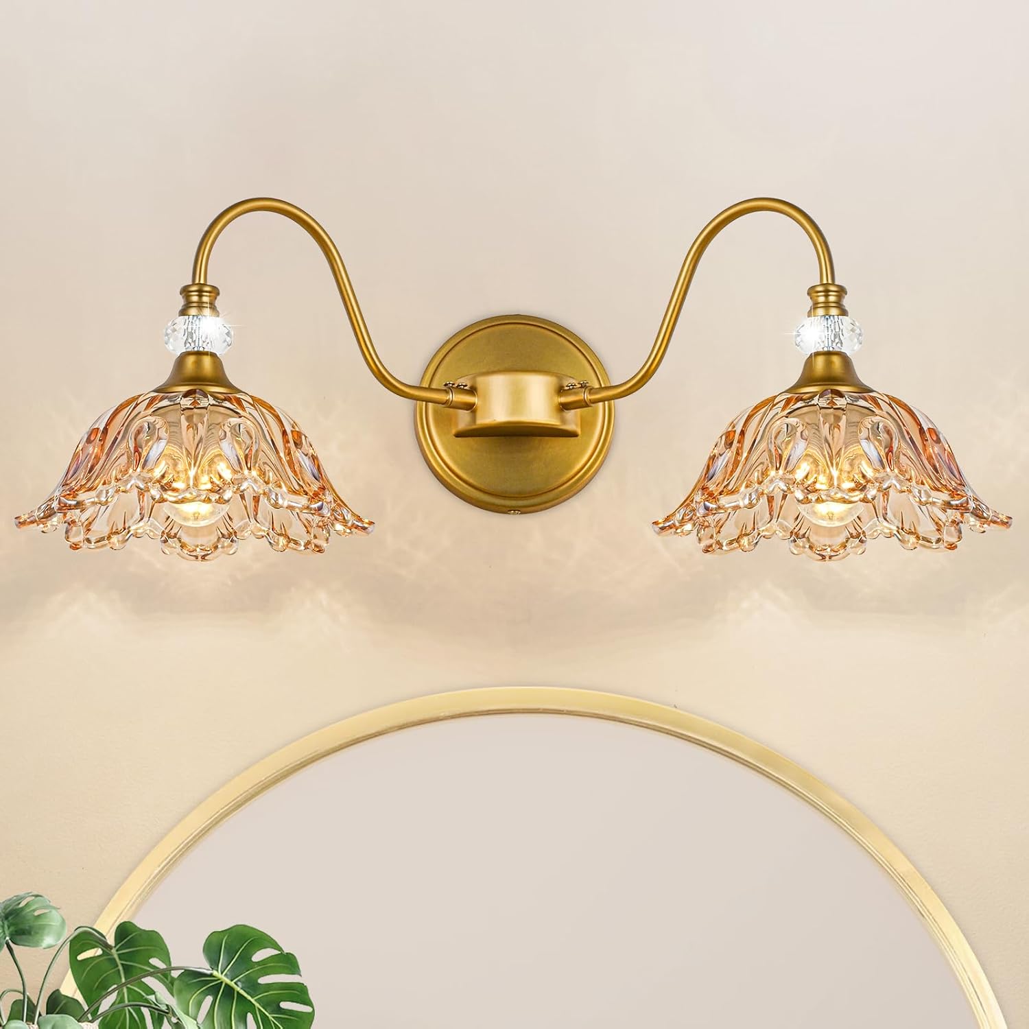 Vintage Bathroom Vanity Light with Floral Amber Glass Shades