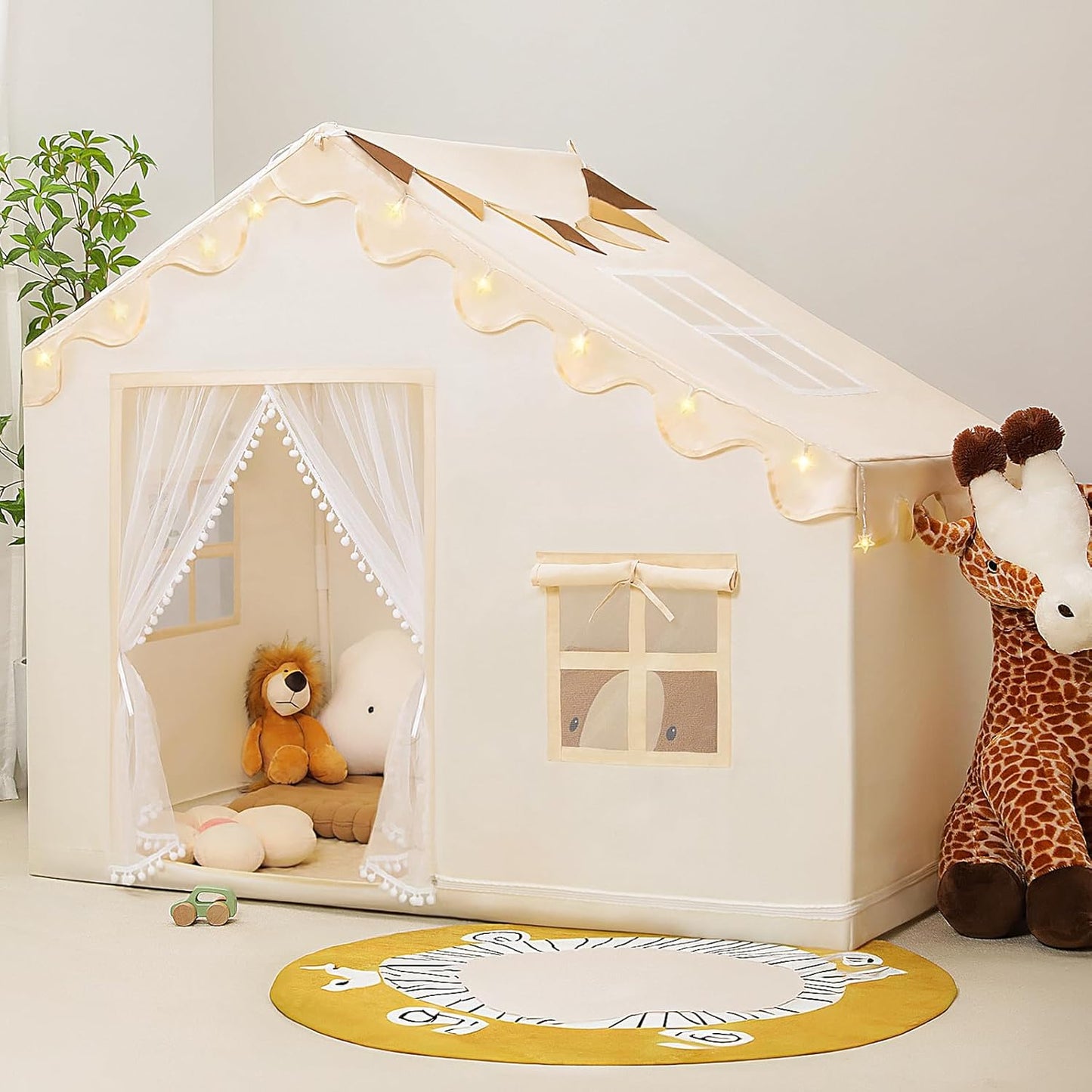 PIIKAGO Kids Indoor Play Tent - Sparkling Star Lights, Flags & Cozy Mat for Imaginative Fun!