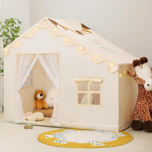PIIKAGO Kids Indoor Play Tent - Sparkling Star Lights, Flags & Cozy Mat for Imaginative Fun!