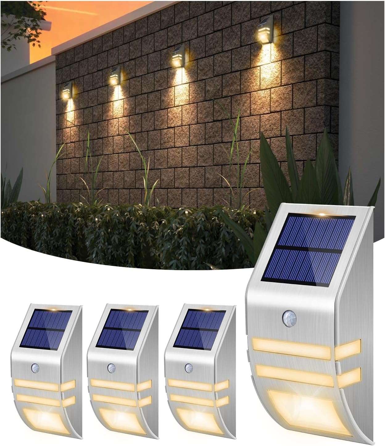 4 Pack Solar Stainless Steel Motion Sensor Fence Lights Outdoor