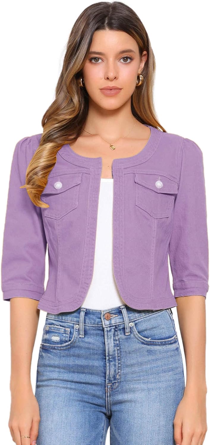 Allegra K Denim Jacket for Women - Stylish Collarless Crop Design