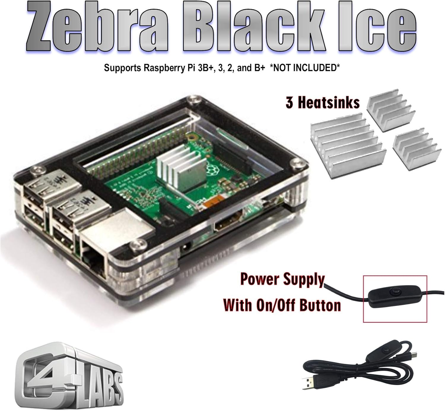 C4Labs Zebra Case Kit for Raspberry Pi with Heatsinks Included