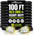 100ft 14/3 Heavy Duty Extension Cord SJTW Black - Waterproof, Lighted