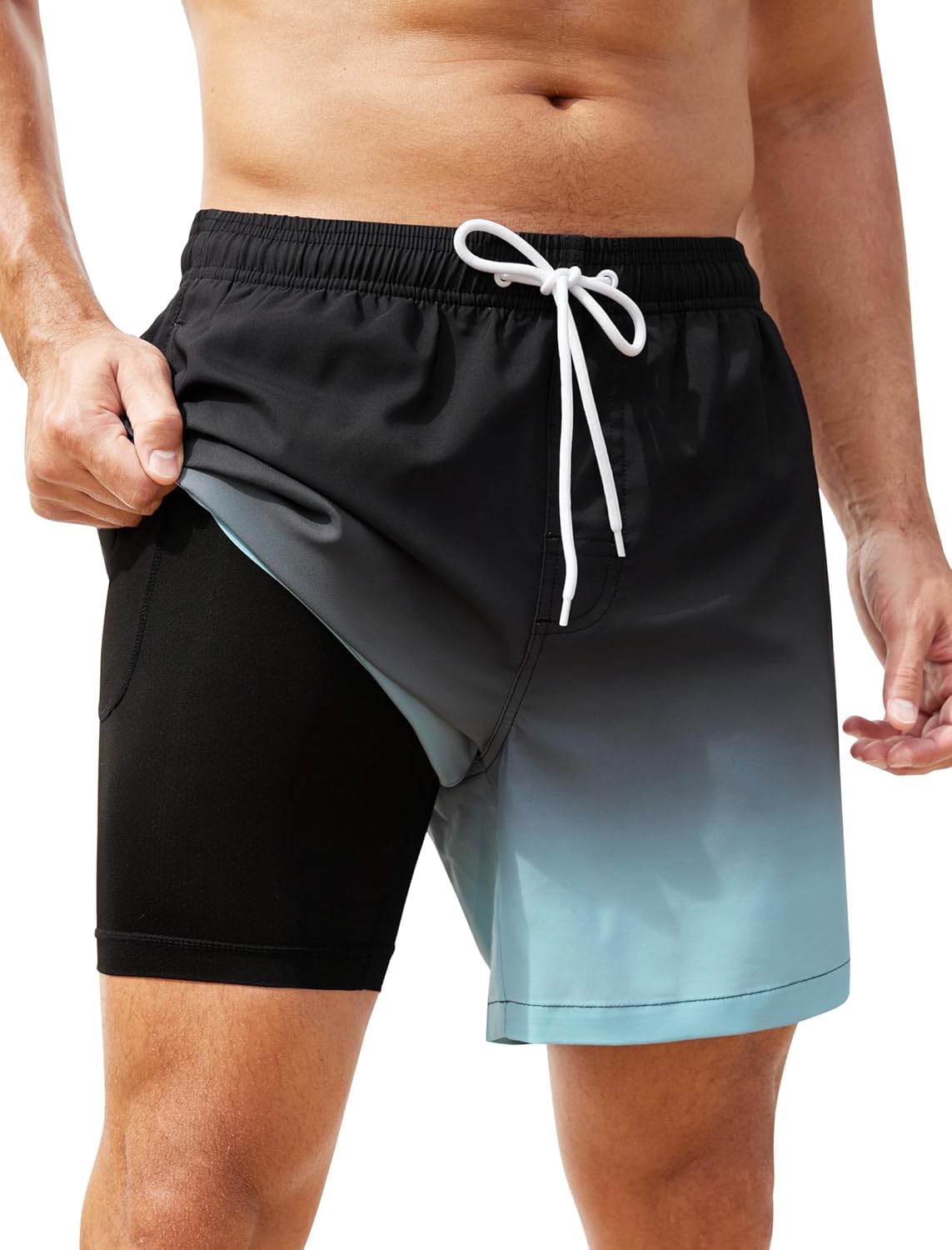 SILKWORLD Mens Swim Trunks with Compression Liner for Comfort