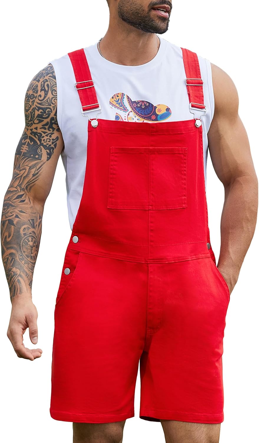 Bindefon Denim Overalls for Men - Stylish Red Jean Shorts
