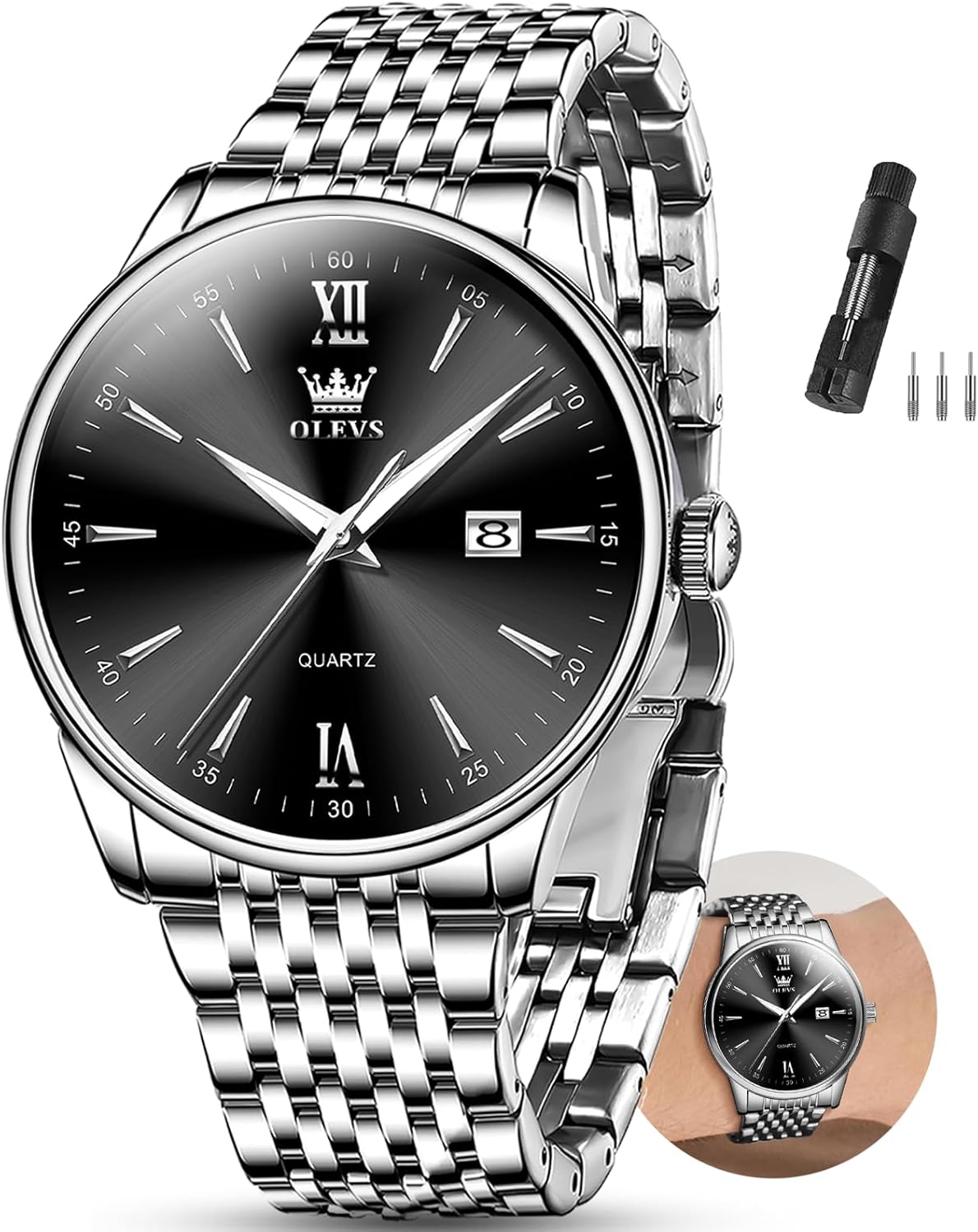OLEVS Classic Silver Men's Watch - Waterproof & Easy to Read