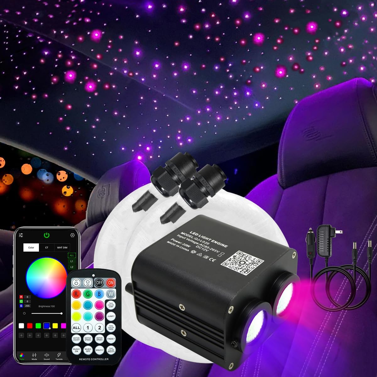 AKEPO 20W Dual-Head RGBW Fiber Optic Lights for Star Ceiling