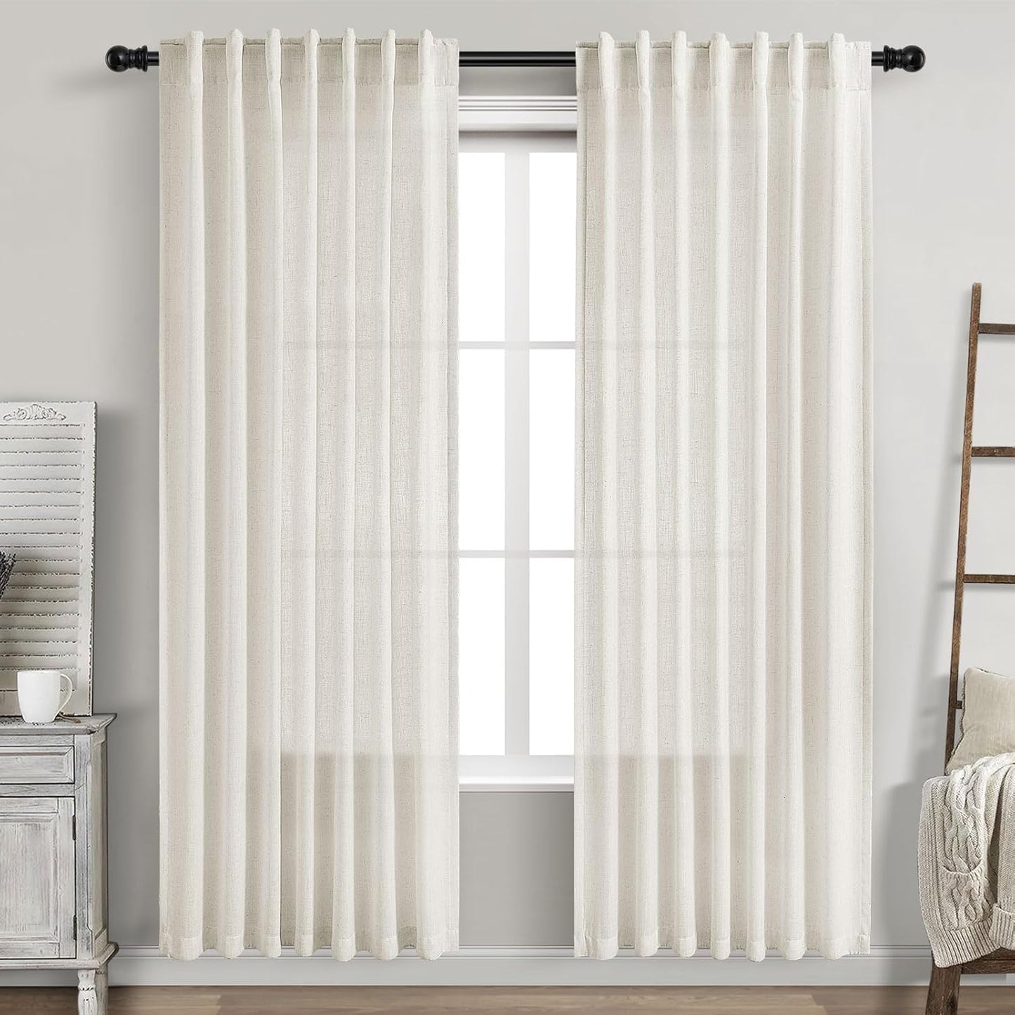 Nanspring Cream Semi Sheer Linen Curtains for Modern Decor