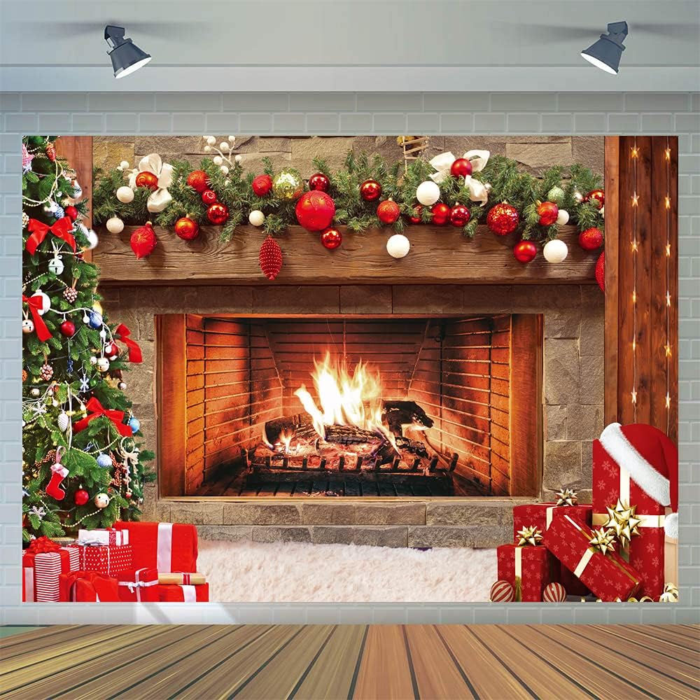 10x8ft Christmas Fireplace Theme Backdrop for Festive Decor