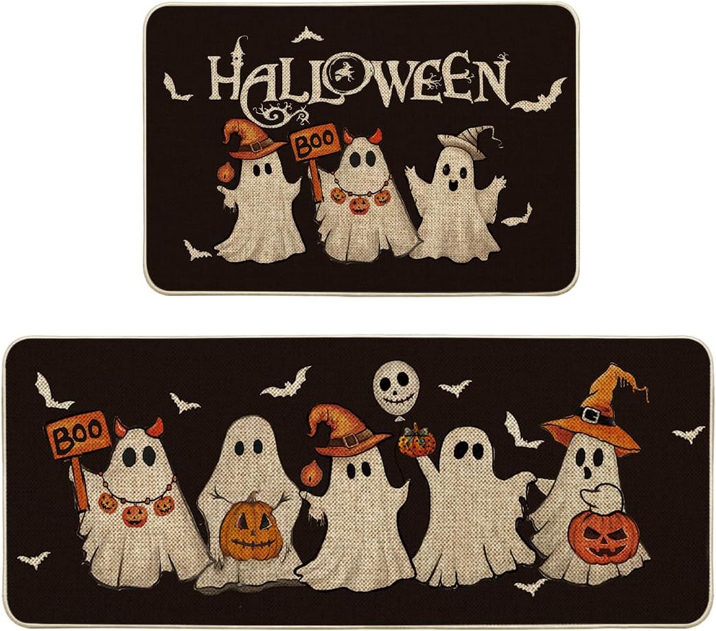 Ghost Pumpkin Bat Black Halloween Kitchen Mats Set of 2