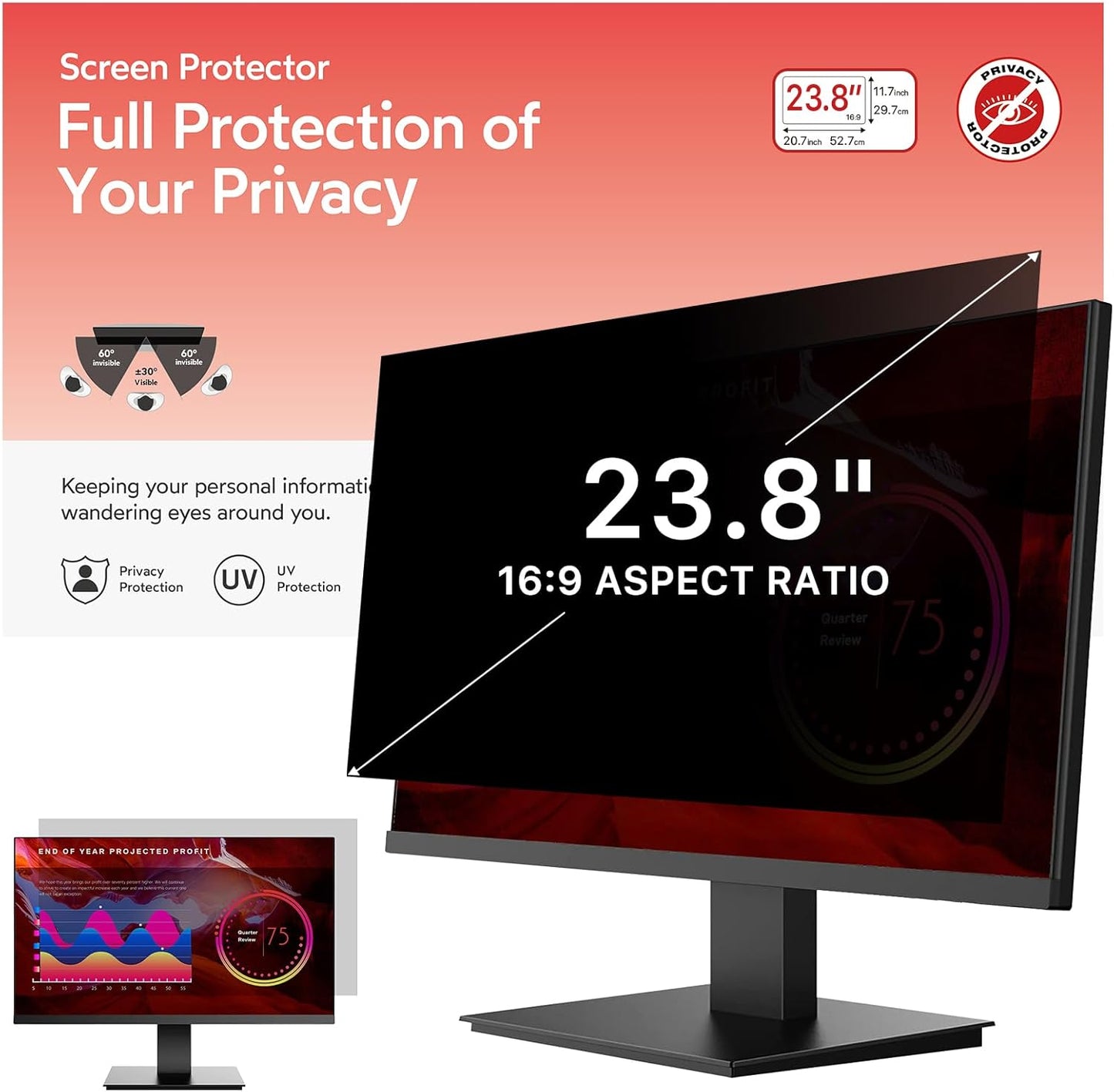 BERSEM 23.8 inch Removable Computer Privacy Screen Filter