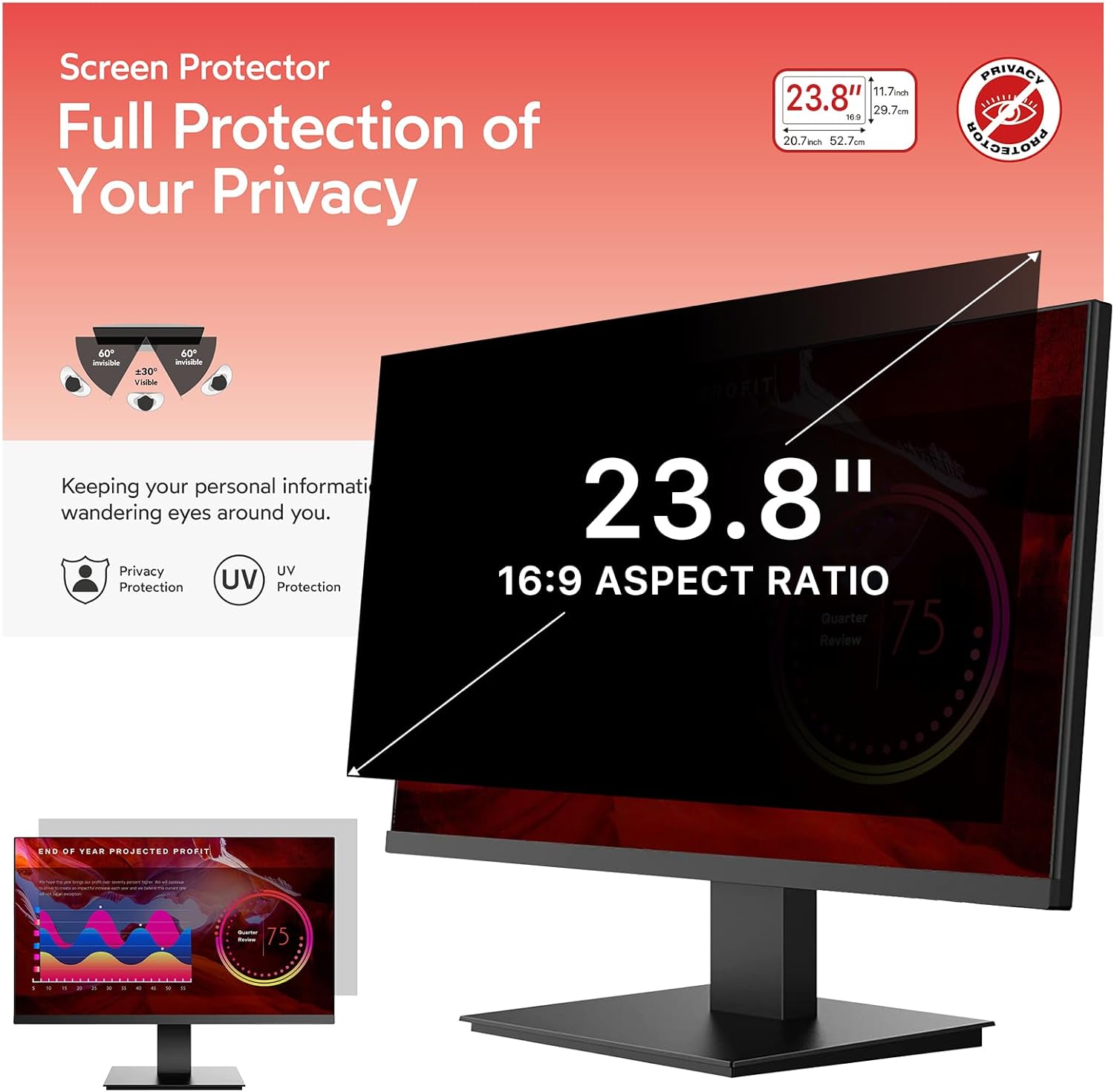 BERSEM 23.8 inch Removable Computer Privacy Screen Filter
