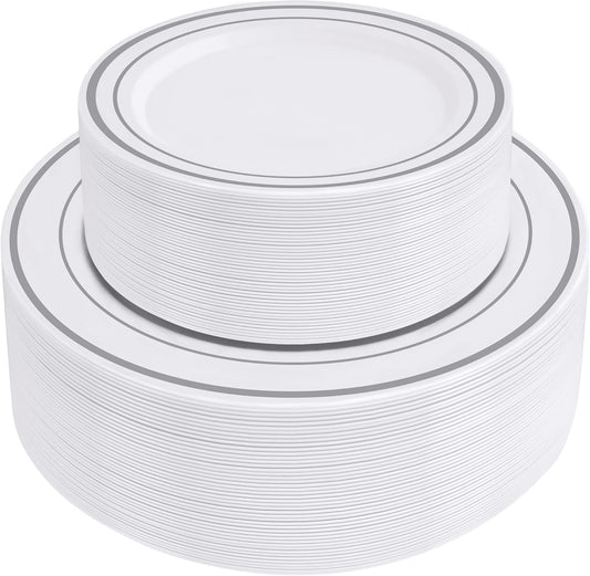 100-Piece Silver Trim Plastic Dinnerware Set for Elegant Events