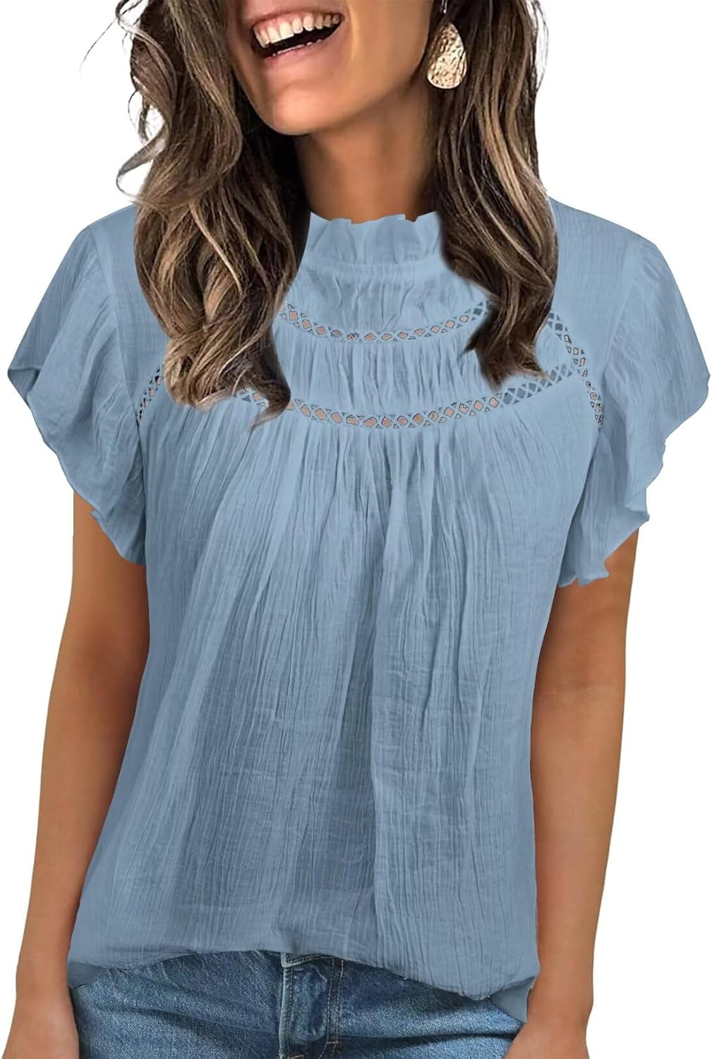 Trendy Ruffle Sleeves Mock Neck Blouses for Women Summer Tops